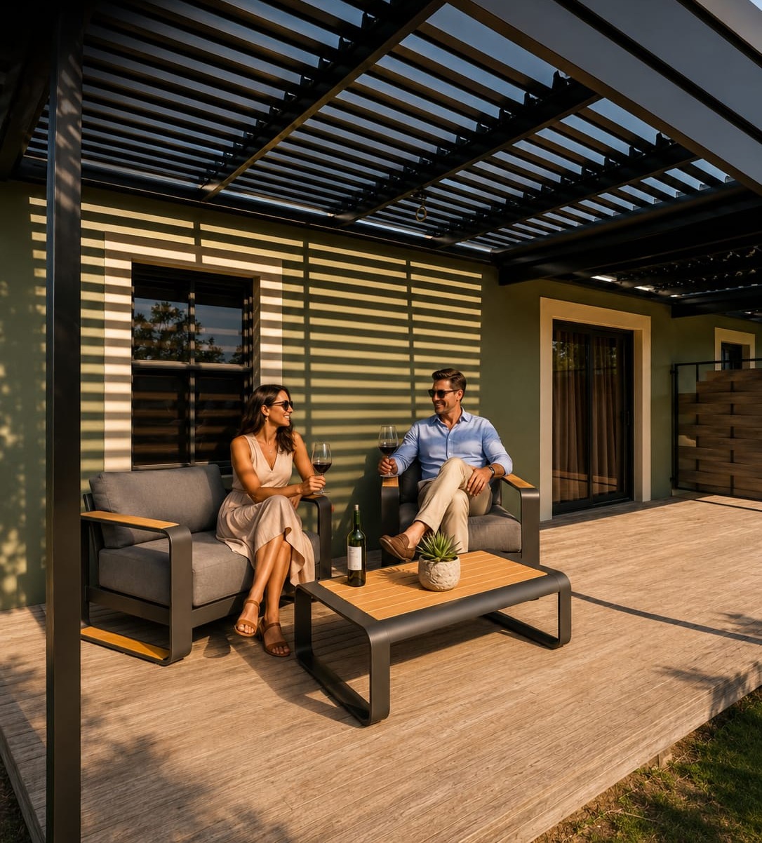 Couple relaxing on a timber deck beneath a dark aluminium louvre pergola by Exclusive & Ideal Awnings