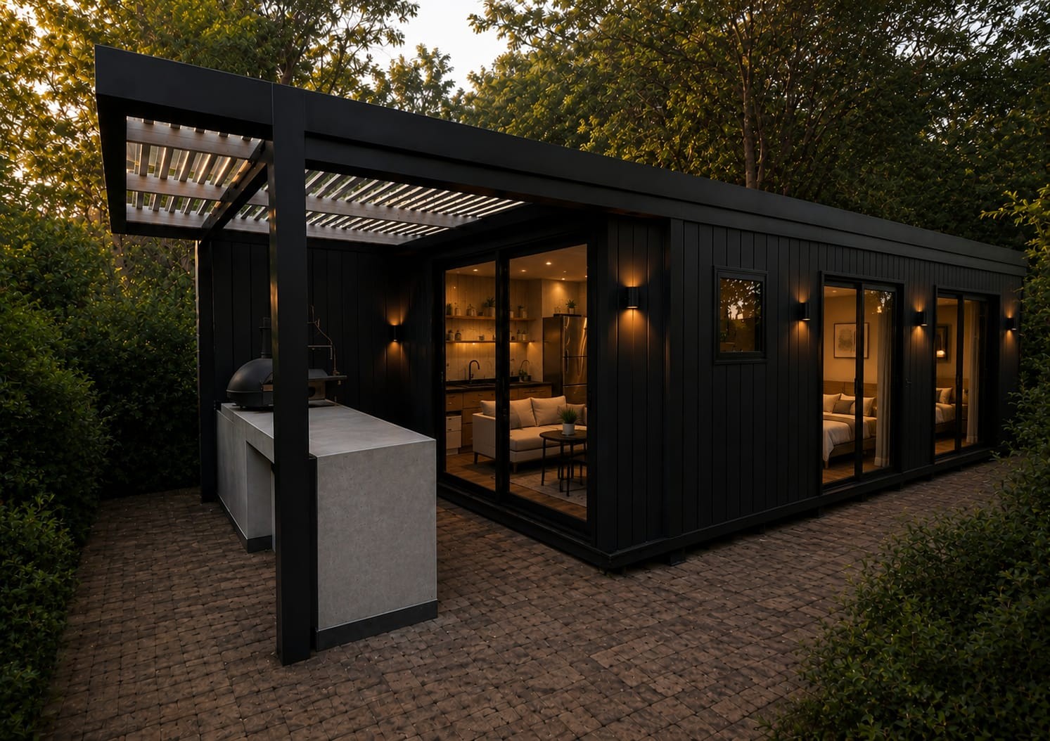 Steylfall Living modular tiny home with integrated outdoor kitchen and louvre pergola